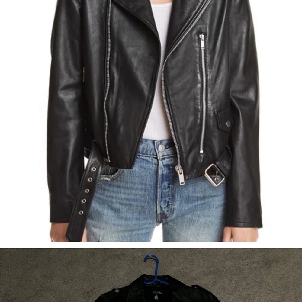 Aqua Belted Leather Jacket, XS